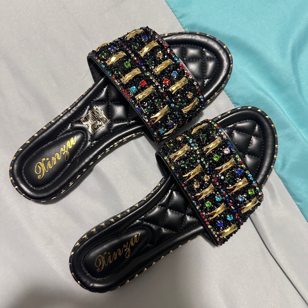 Black and Gold Women's Slide Sandals